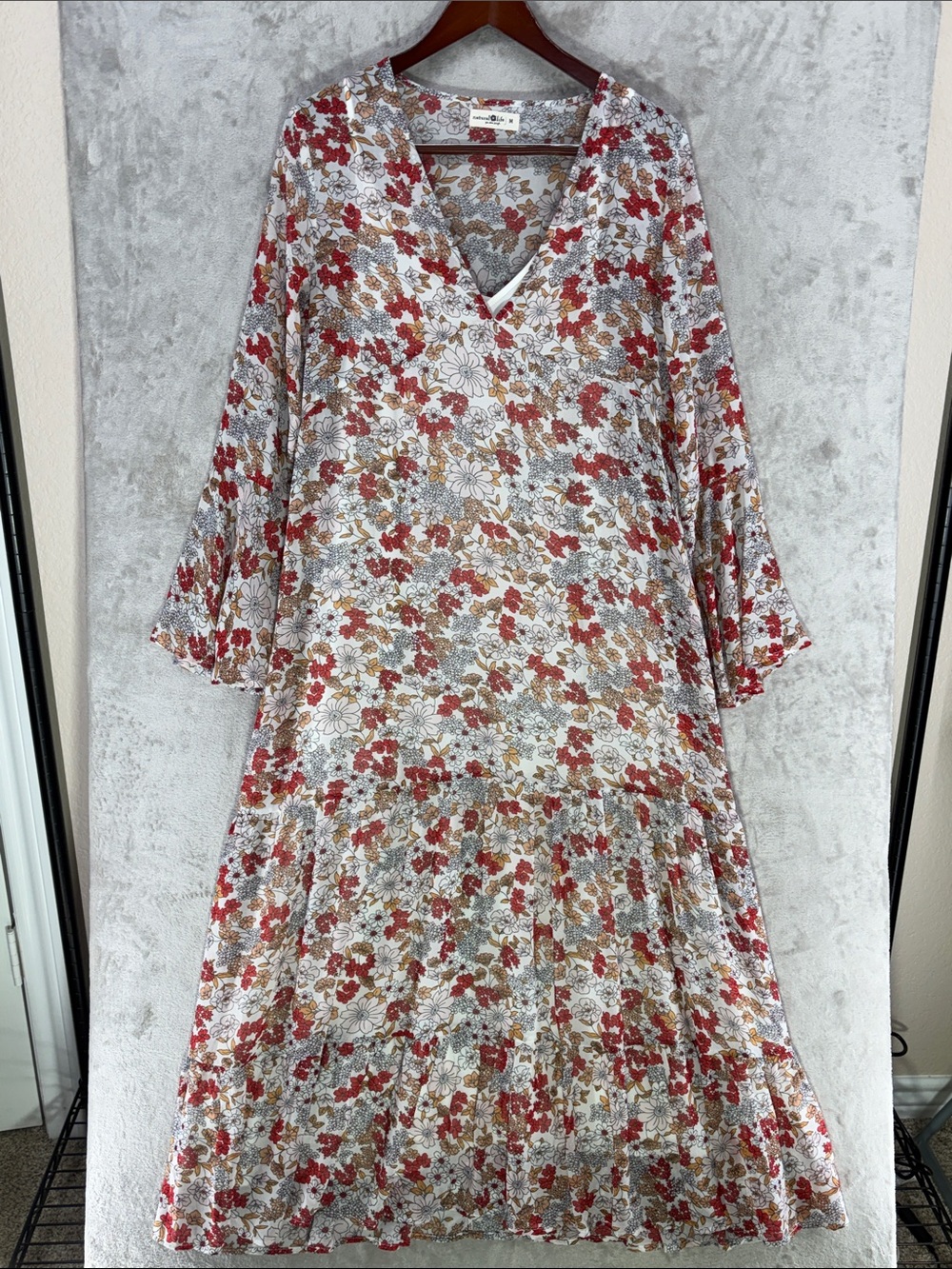 Natural Life Floral Tiered Maxi Dress w/Slip and Bohemian Bell Sleeves Size M